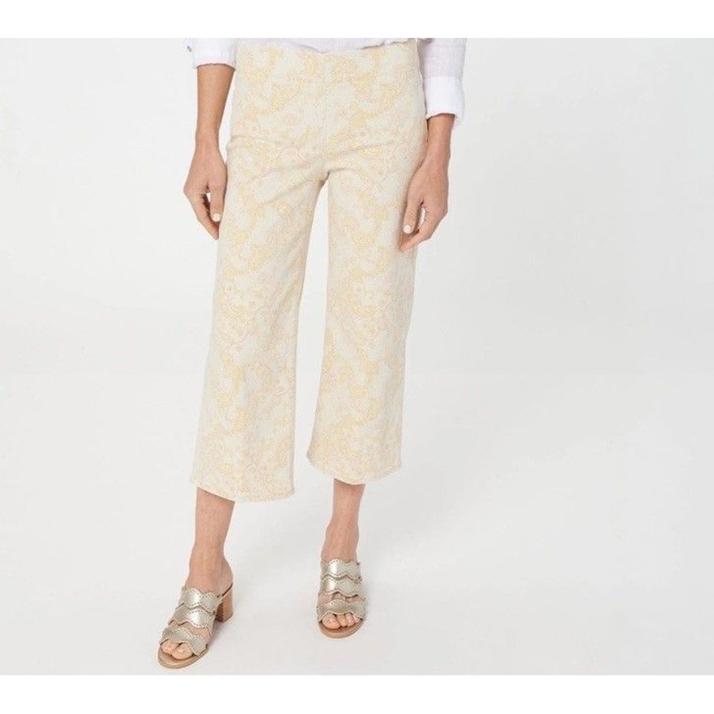 NYDJ Women's Pull On Capri Pants Size 20W Yellow Wide-Leg Darcy Paisley 70s Boho